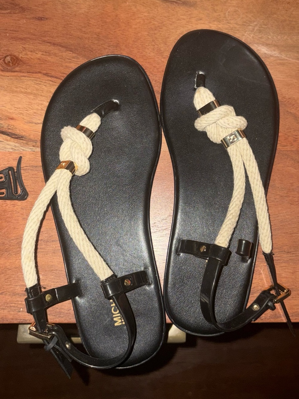 Michael Kors Black and Cream Woven-Strap Flat Sandals